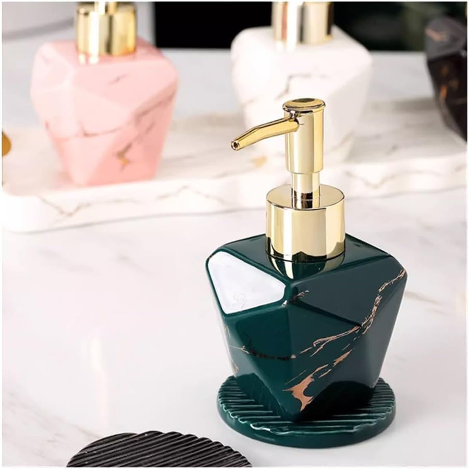 Dispenser di sapone piccolo da banco per bagno e cucina, moderno stile marmo a strisce, in ceramica, dispenser di sapone con pompa (verde)