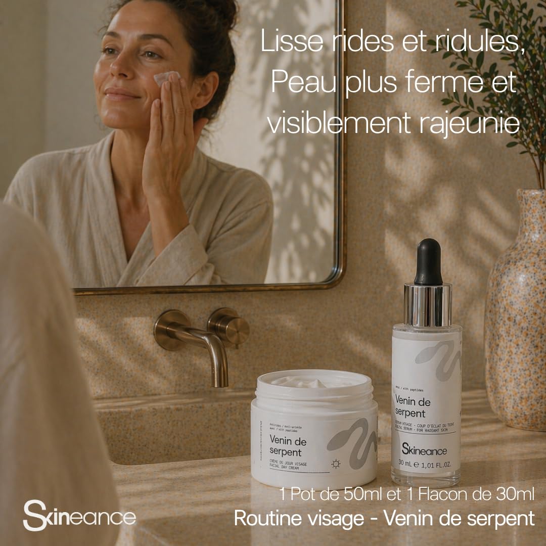 Skineance - Duo Venin de Serpent | Creme Jour 50 ml + Serum 30 ml | Peptide Syn-Ake | Hydratation Quotidienne et Teint Éclatant | Routine Beauté | Formules Contrôlées