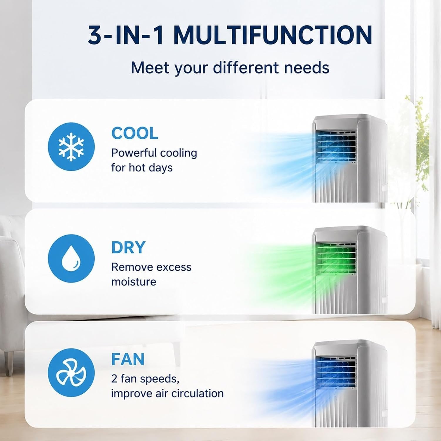 Condizionatore Portatile 3-in-1 12000 BTU Raffredda 25 m² Deumidificatore e Ventilatore Timer 24H Telecomando per Casa Ufficio Camerette