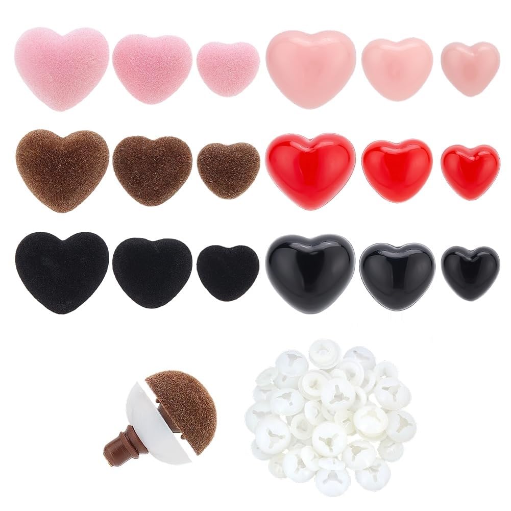 PH PandaHall Nasi di Sicurezza 6 Dimensioni Nasi di Plastica 4 Colori 54 Pezzi Naso A Forma di Cuore Amigurumi Naso Floccato all'Uncinetto con Rondelle per Animali di Peluche Amigurumi Orso Gatto