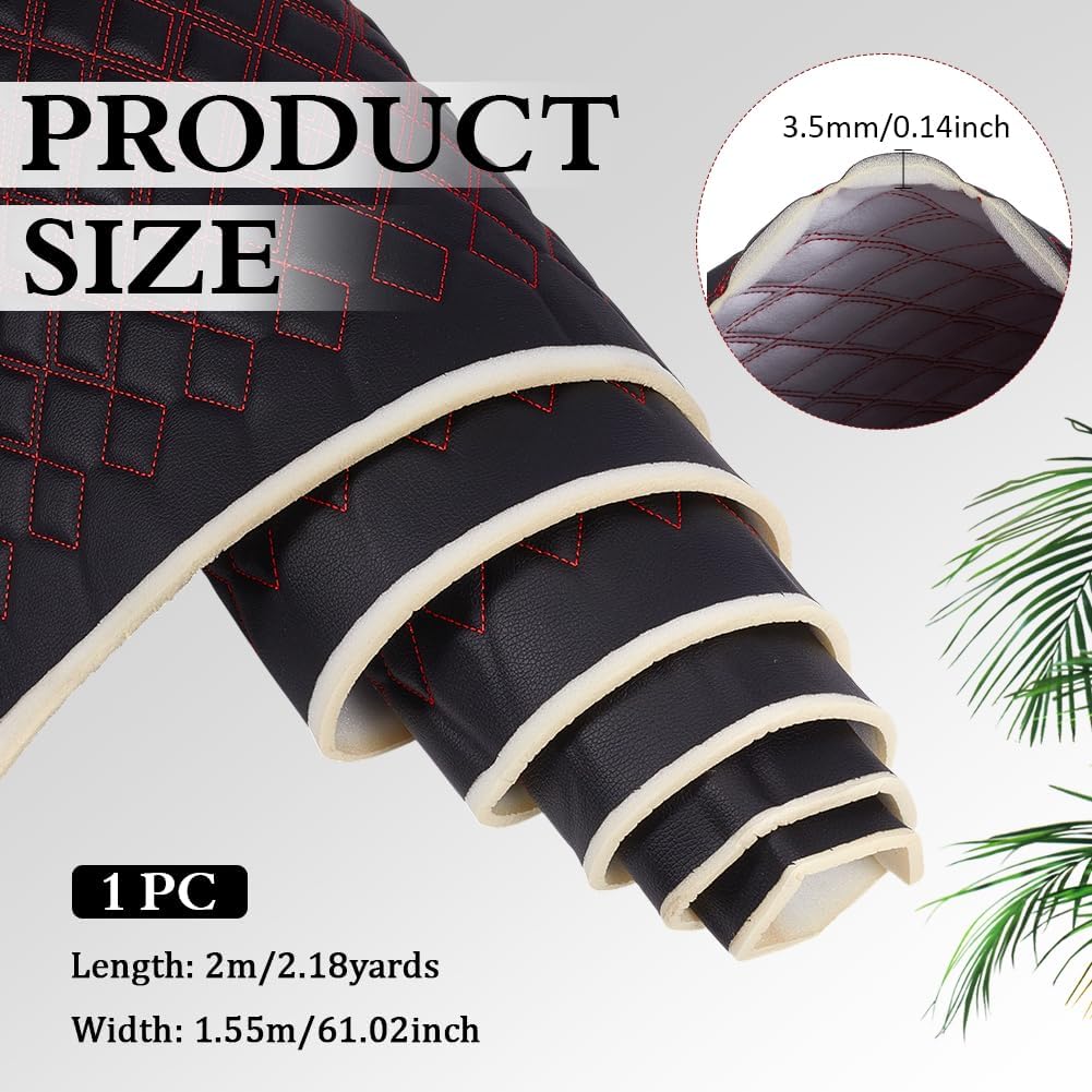 MAYJOYDIY Black Quilted Foam Fabric Faux Leather Fabric 2.1 Yards×61inch Leather Fabrics with Red Stitch for Car Automotive Interior Furniture Upholstery (Classic Rhombus)
