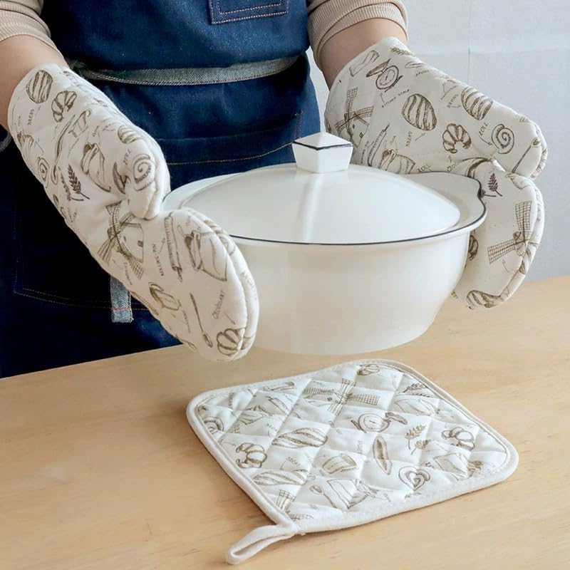 Miniatura 7 de Guantes de horno y agarraderas, guantes de horno y soportes para ollas con forro suave 100% algodón, resistentes al calor para 230 grados, guantes