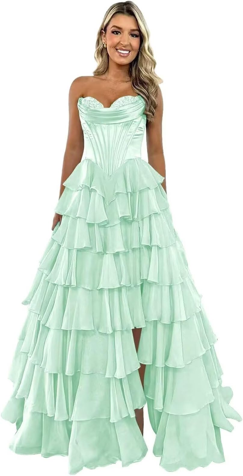 GATMAHE Tulle Floral Prom Dresses for Teens 2026 Tiererd Long Ball Gown Strapless Sweetheart Formal Evening Gowns with Slit
