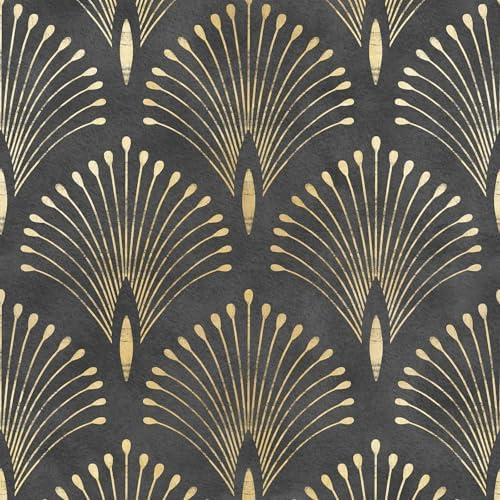 Livelynine Black Gold Art Deco Wallpaper Peel and Stick Dark Peac...