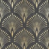 Livelynine 17.5x276" Art Deco Black and Gold Peel and Stick Wallpaper Abstract Peacock Wall Paper Prepasted Rolls Renter Friendly Black Vintage Contact Paper Waterproof Vinyl Geometric Wall Coverings