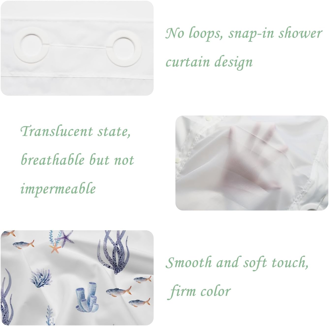 71x71 Inch Without Hook Ocean Shower Curtain and Liner Set Seagrass Coral Nautical Coastal Snap in Shower Curtains for Bathroom Minimalist Sea Marine Life Bathroom Set for Unisex