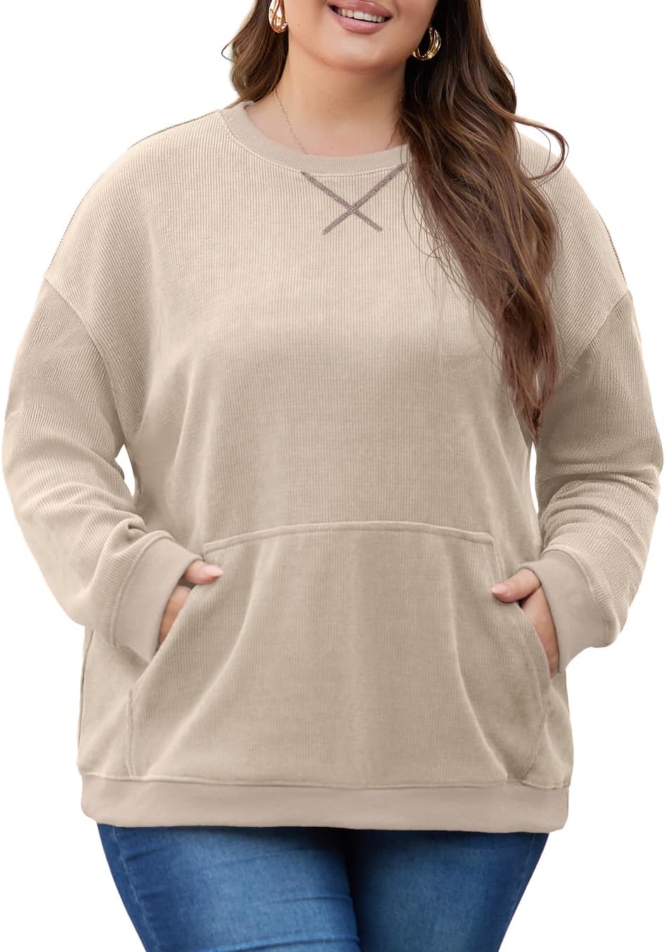 OLRIK Women Plus Size Sweatshirt Oversized Corduroy Crewneck Pullover Sweater with Kangaroo Pocket Fall Fashion