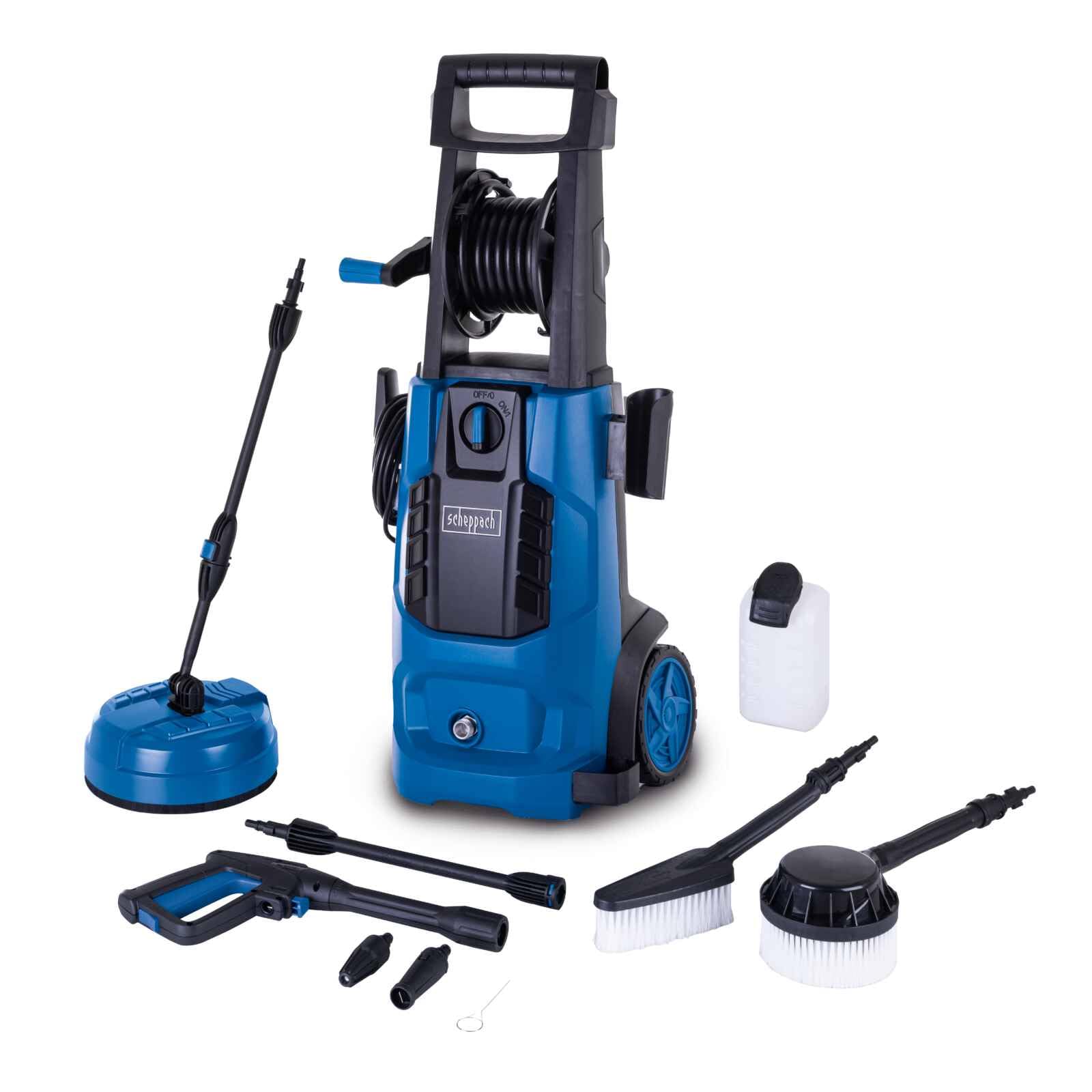 Scheppach Hidrolimpiadora HCE2800 | 180 bares de presión de trabajo | Caudal de 480 l/h | carrete de manguera integrado con manguera de 5 m y depósito de limpieza | Limpiador de superficies para