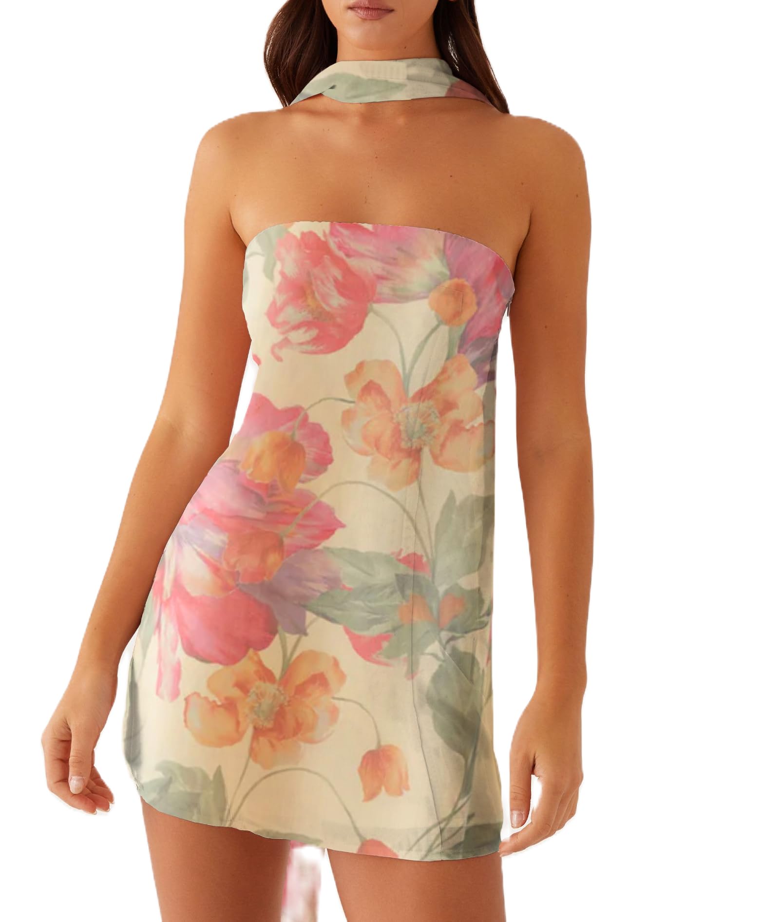 NUFIWI Sexy Floral Strapless Tube Mini Dress Y2K Slim Fit Backless Short Bandeau Dress Going Out Night Party Vocation Dresses