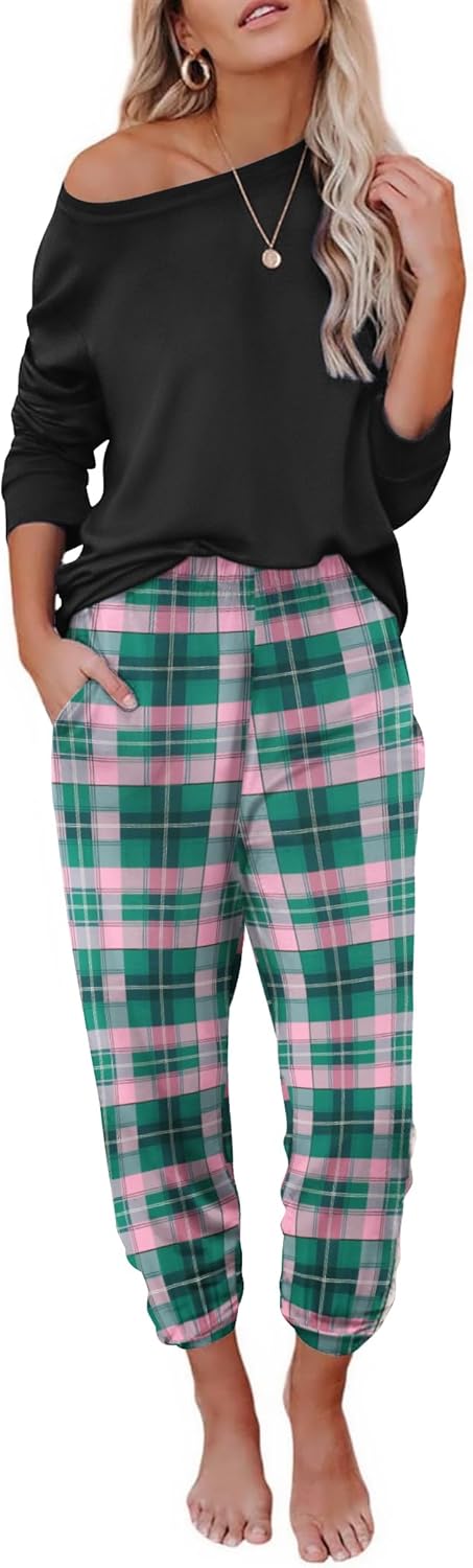 Ekouaer Pajama Sets for Women 2 Piece Plaid Pjs Long Sleeve Lounge Sets Comfy Gingham Nightwear with Pockets - Image 2