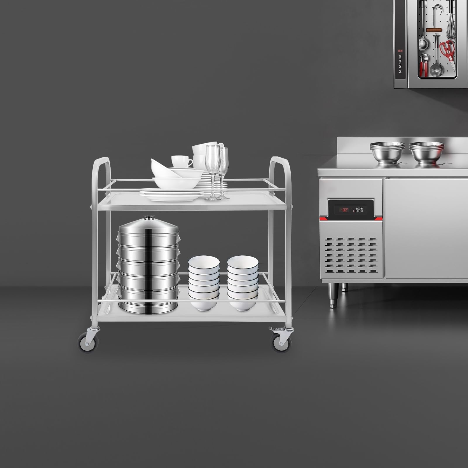 Catering Servierwagen mit Rollen 2 Ebenen Küchenwagen Edelstahl Transportwagen für Restaurant, Küchen oder Hotel
