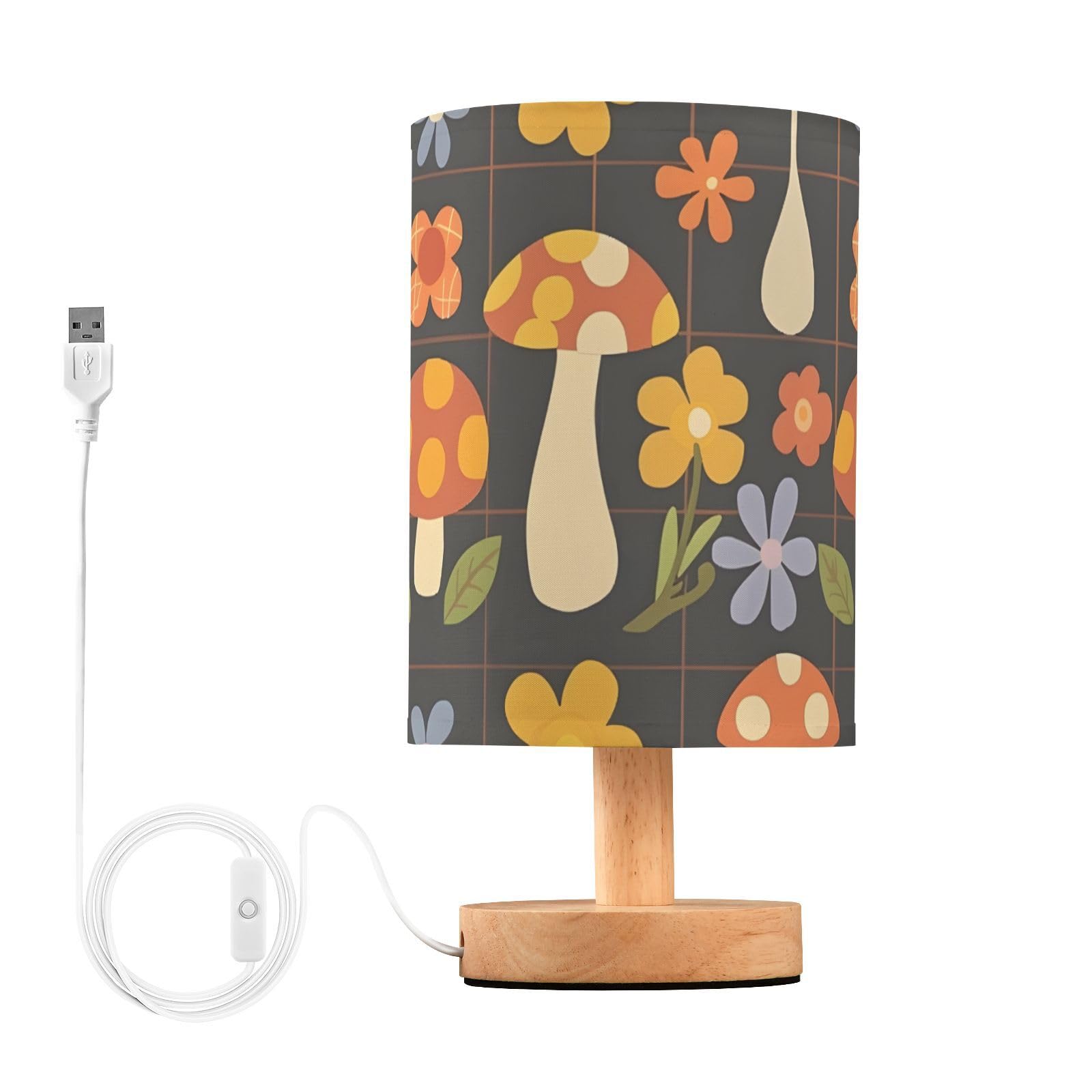 Mnsruu Bedside Table Lamp Retro Groovy Flowers Mushrooms Bedside Lamps LED Light Desk Lamp Fabric Shade Small Lamp for Bedroom Living Room (Bulb Included)