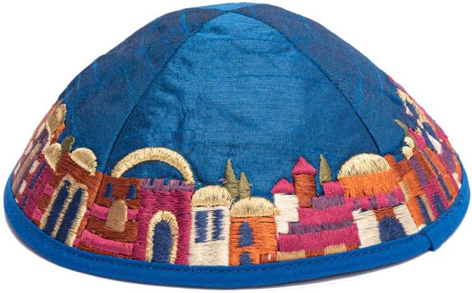 Yair Emanuel Blue Embroidered Jerusalem Design Kippah