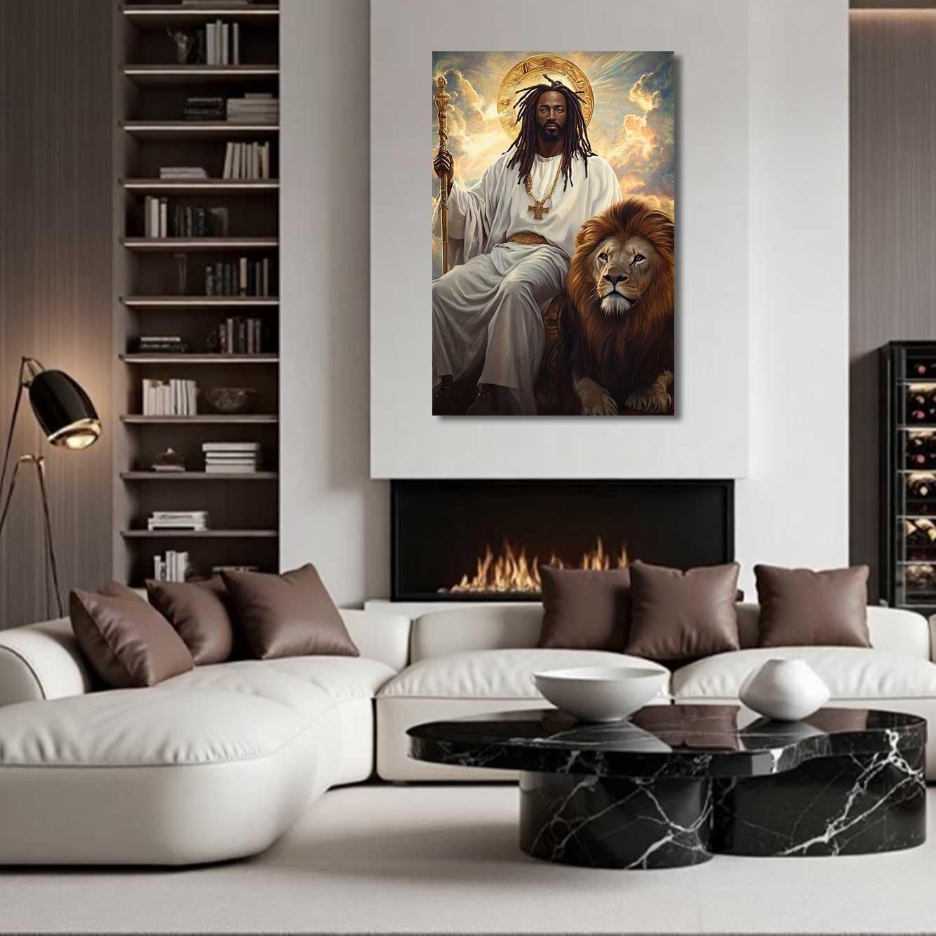 BJYCHG African Americans Jesus Wall Art Black Jesus and Lion Pictures Black Man King Christ Canvas Paintings Lion of Judah Cross Poster Religious Artwork Home Decor (20L x 16W)