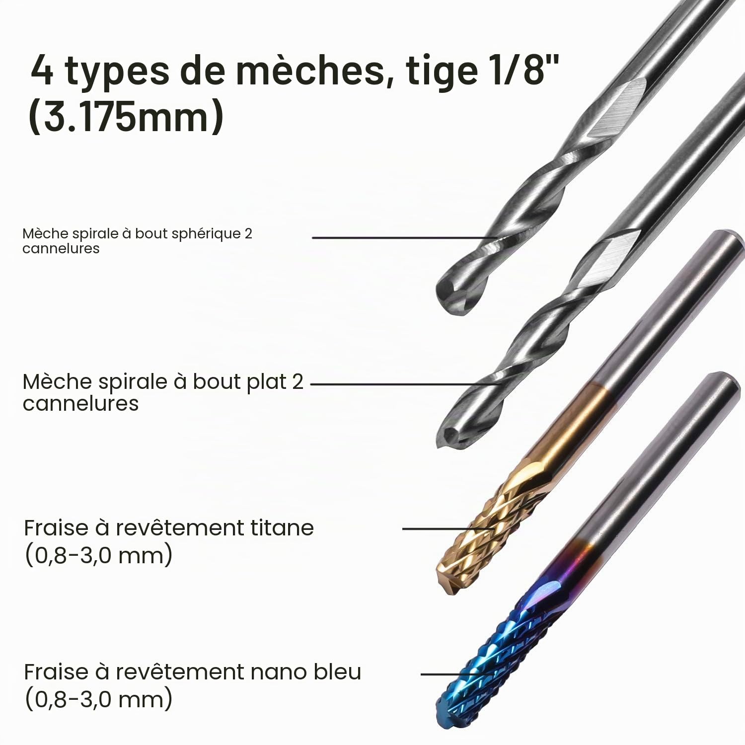 Genmitsu - Lot de 40 fraises à bout CNC - Tige de 1/8" - Avec 2 cannelures à nez plat et à nez boule, Nano Blue Coat et Titanium Coat CNC - MC40A