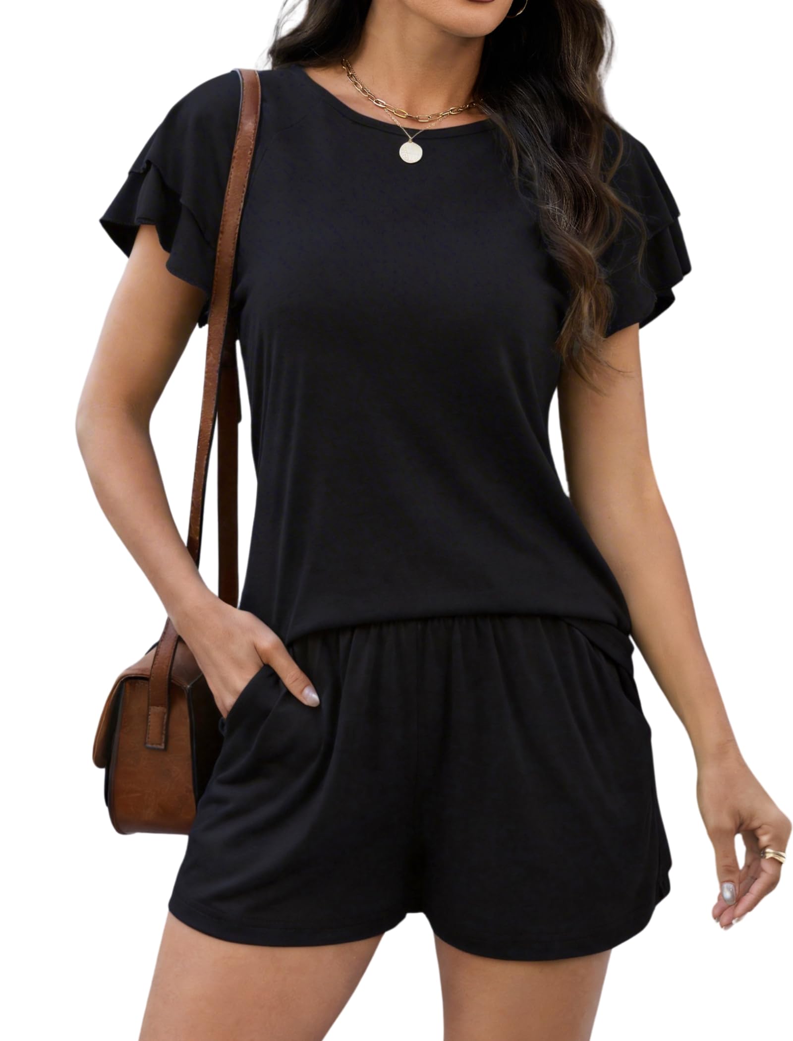 Leikar Womens Two Piece Sets Summer Outfits Casual Lounge Short Sets Ruffle Sleeve Crew Neck Matching Set with Pockets