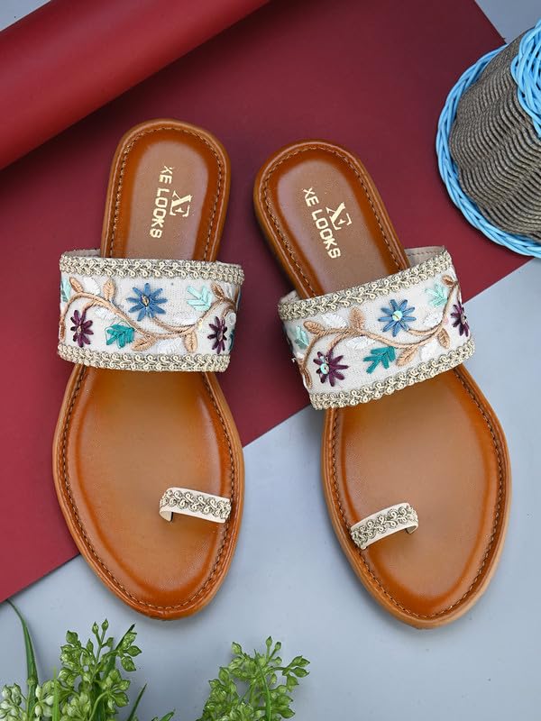 Image of XE Looks Women's One Toe Ethnic Slip-On Flat Slippers Embellished & Trendy Footwear For Women & Girls