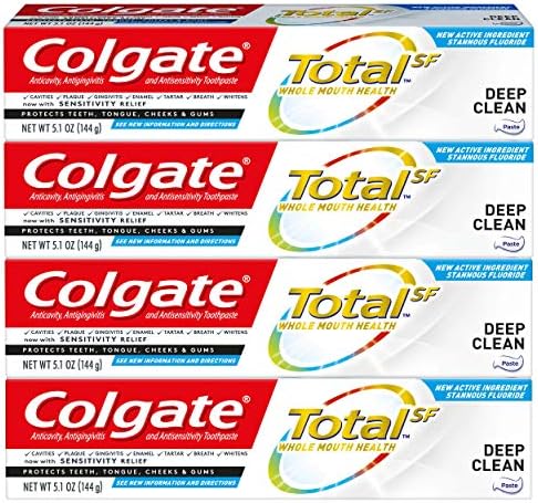 Colgate Total Toothpaste with Stannous Fluoride and Zinc, Multi Benefit Toothpaste with Sensitivity Relief and Cavity Protection, Deep Clean - 5.1 ounce (4 Pack)