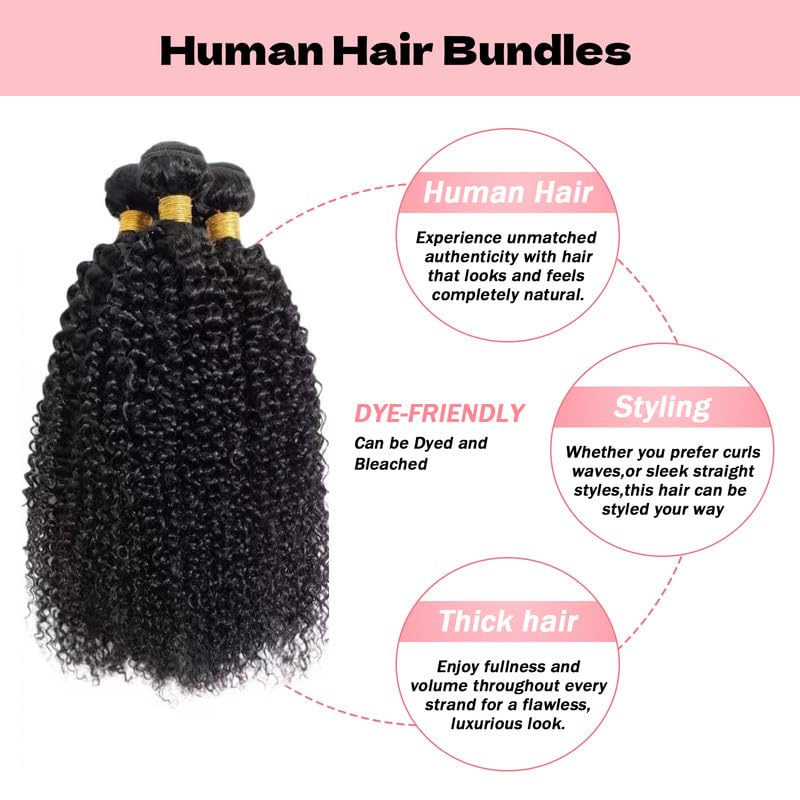Jerry Curly Bundles Human Hair 24 26 28 Inch Human Hair Bundle Brazilian Virgin Hair 3 Bundles for Black Women Weave Extensions Natural Black