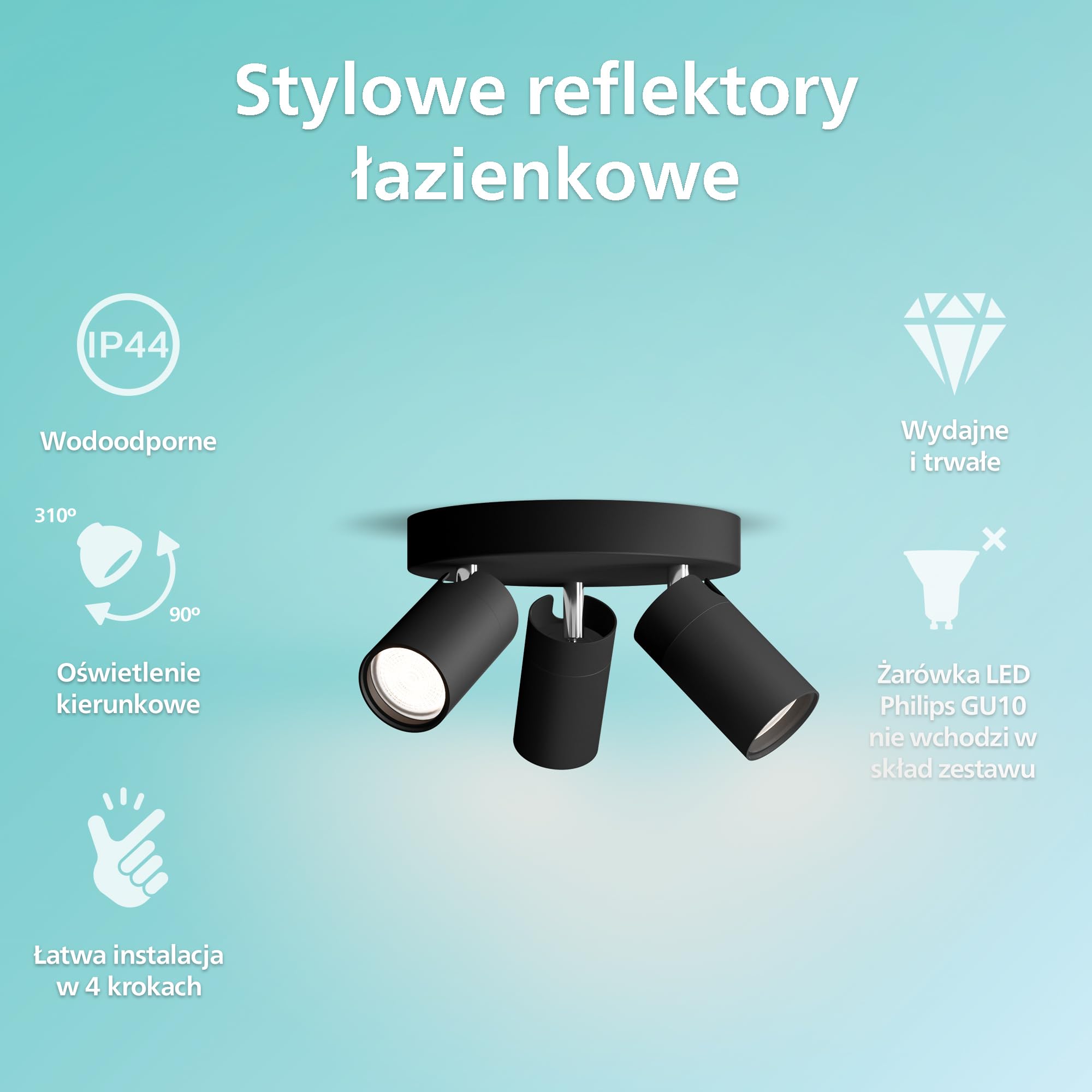Philips LED Potrójny reflektor punktowy Idris na okrągłej podstawie, czarny, IP44, wodoodporny, żarówki GU10 nie wchodzą w skład zestawu