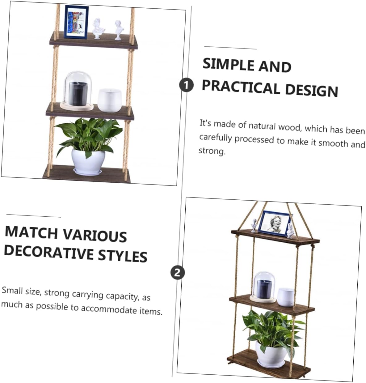 1Pc Wall Corner Storage Rack Retro Hanging Plant Pot Shelf Detachable Space Saving Design Reinforced Rope for Strong Support for Home and Organizing