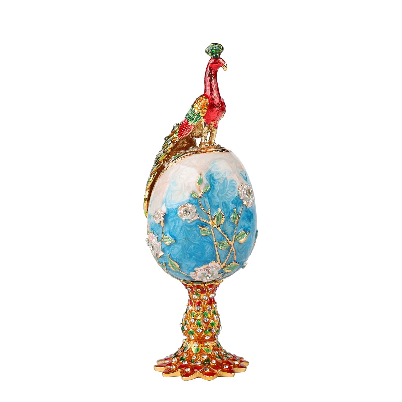 QIFU Vintage Blue Peacock Style Easter Egg Trinket Box Hinged, Unique Gift for Family(QF1486)