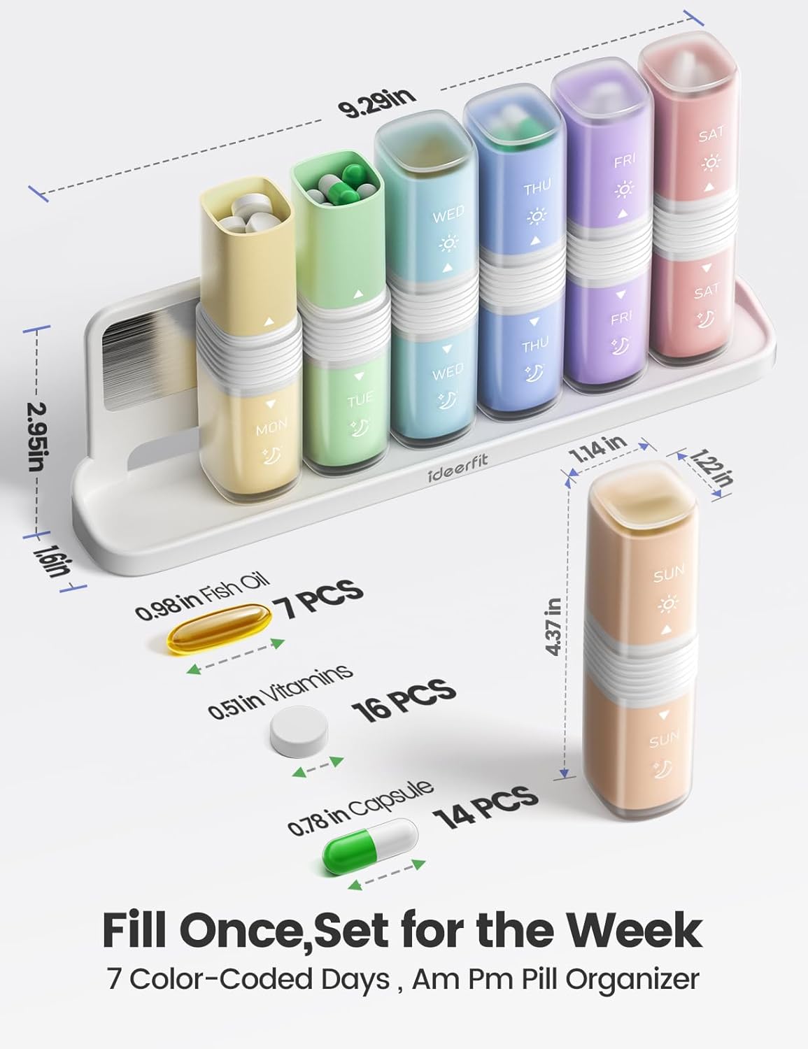 Magnetic Weekly Pill Organizer 2 Times a Day, AM PM Pill Box 7 Day, Removable Large Twice Medicine Pill Case, Medication Container Holder for Vitamins and Supplements, Rainbow