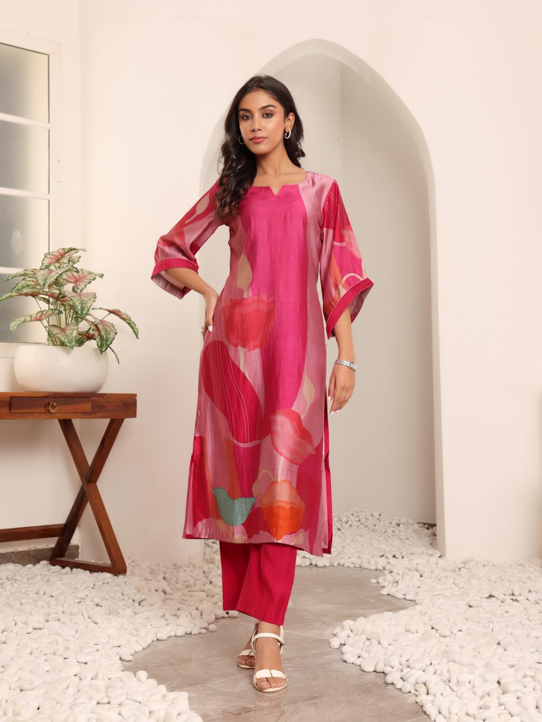 Varanga Women Chanderi Fuchsia Pink Abstract Printed Straight Kurta With Trousers Stylish Ethnic Set, Large