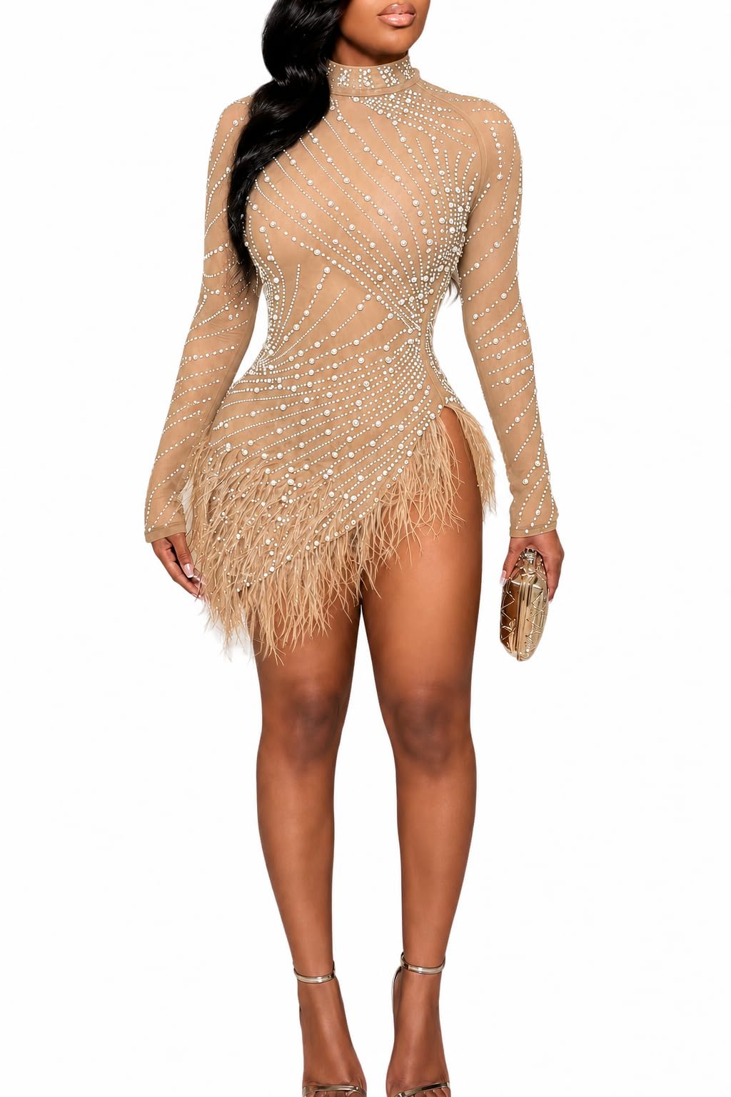ENOPINK Rhinestone Feather Dress