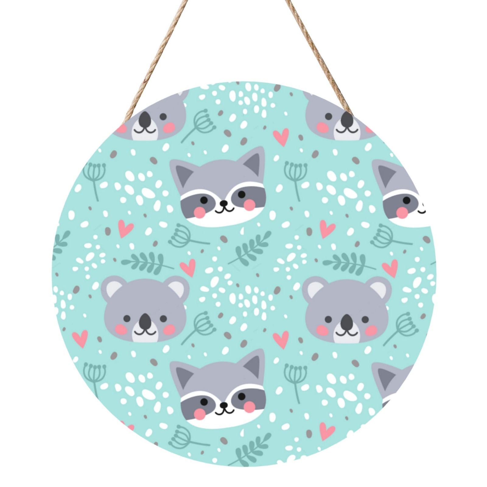 InOmak Raccoon And Koala, Round Wood Panel Painting 12 in, Wall Hanging Painting For Home