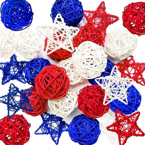 Mauts-inus 21pcs 4th of July Decoration Balls Rattan Decoration - Red Blue White Balls with for Independence Day Home Decor Craft Vase Bowl Filler Table Party Supplies Decorations. (21)