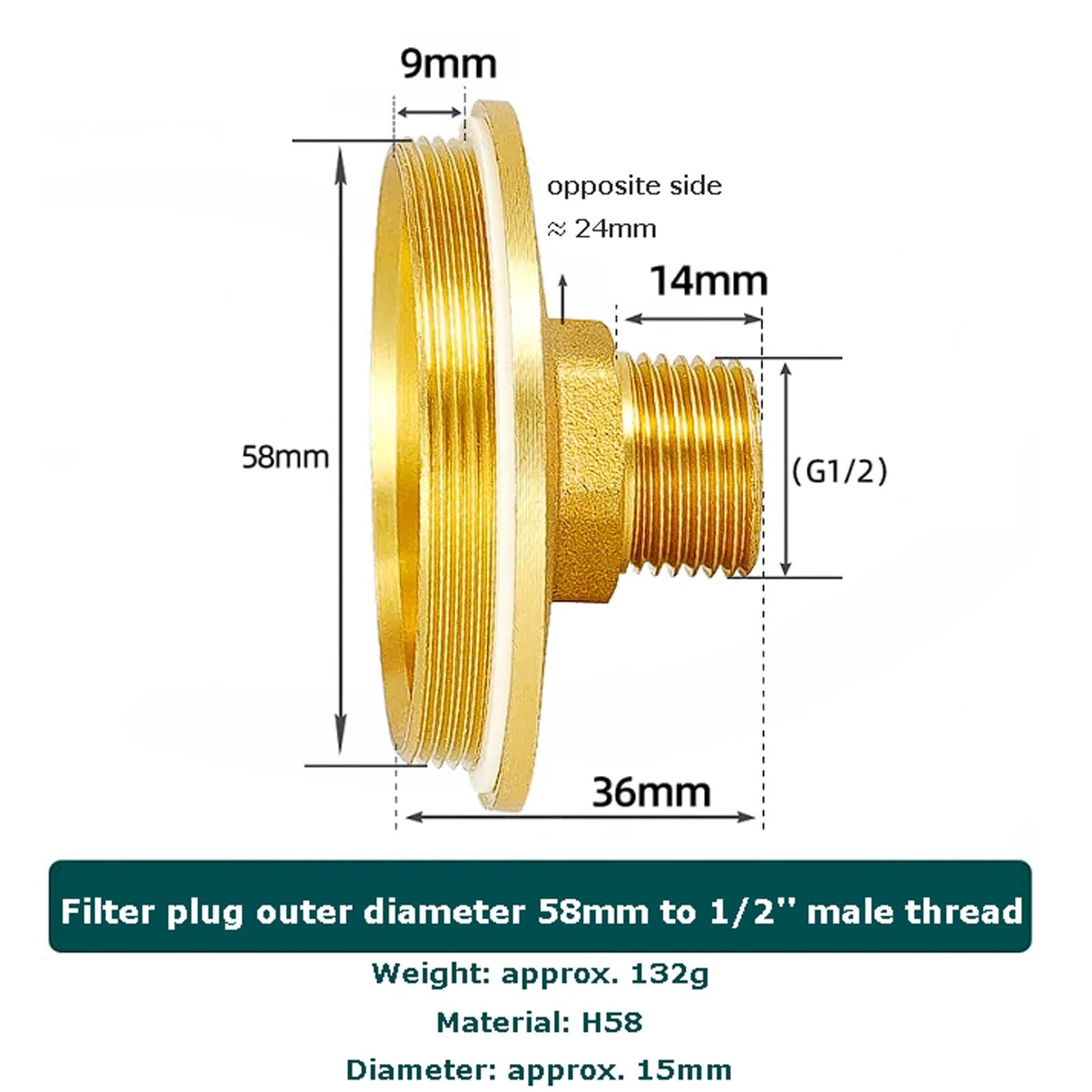 Tappo filtrante a Y in Ottone, Filettatura Maschio per climatizzazione Centrale/Riscaldamento a Pavimento/Tubo Acqua 43/47/58mm DE Verso 1/2", Tutto Rame(58mm to 1/2'')