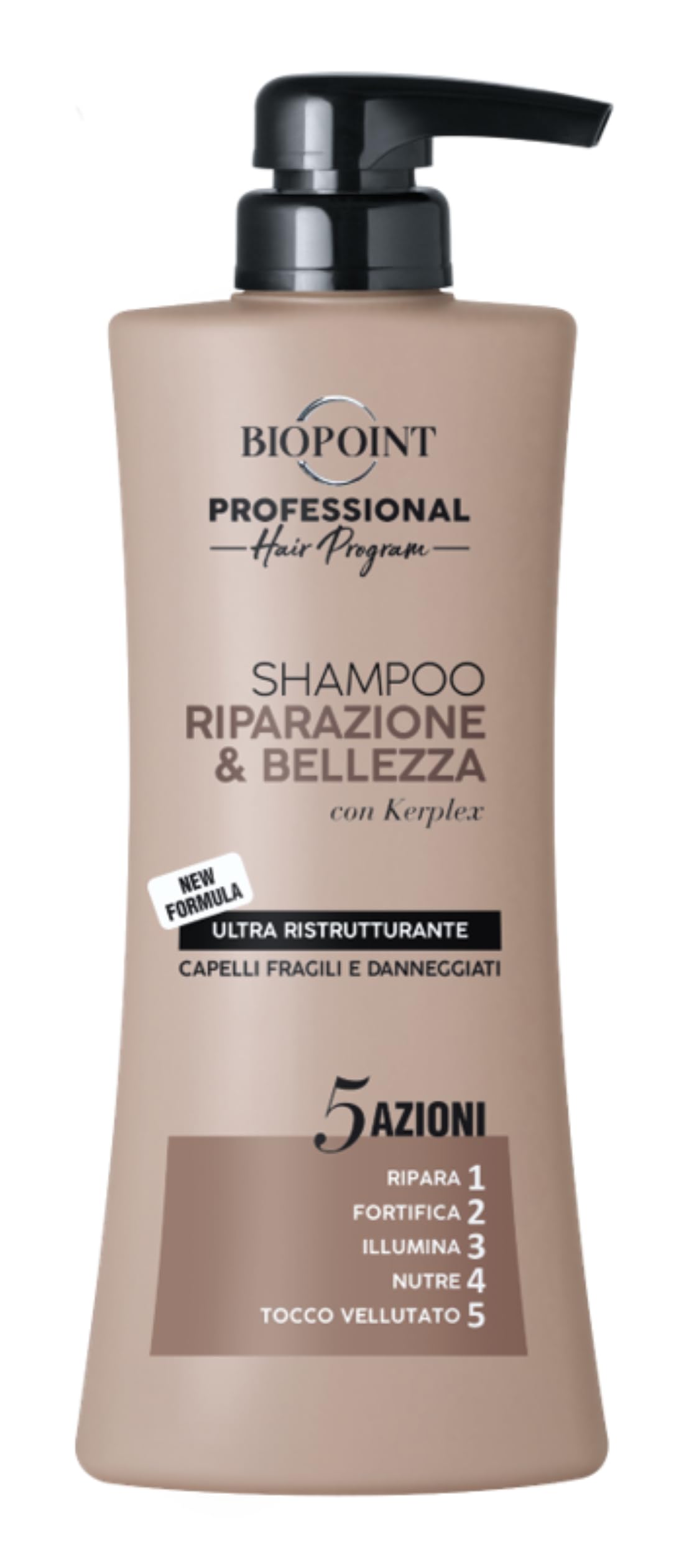 Biopoint Professional Hair Program - Shampoo Capelli Riparazione & Bellezza 5 Azioni, Rigenera e Idrata i Capelli Danneggiati, Formulato con Cheratina, Olio di Argan e Olio di Moringa, 400 ml