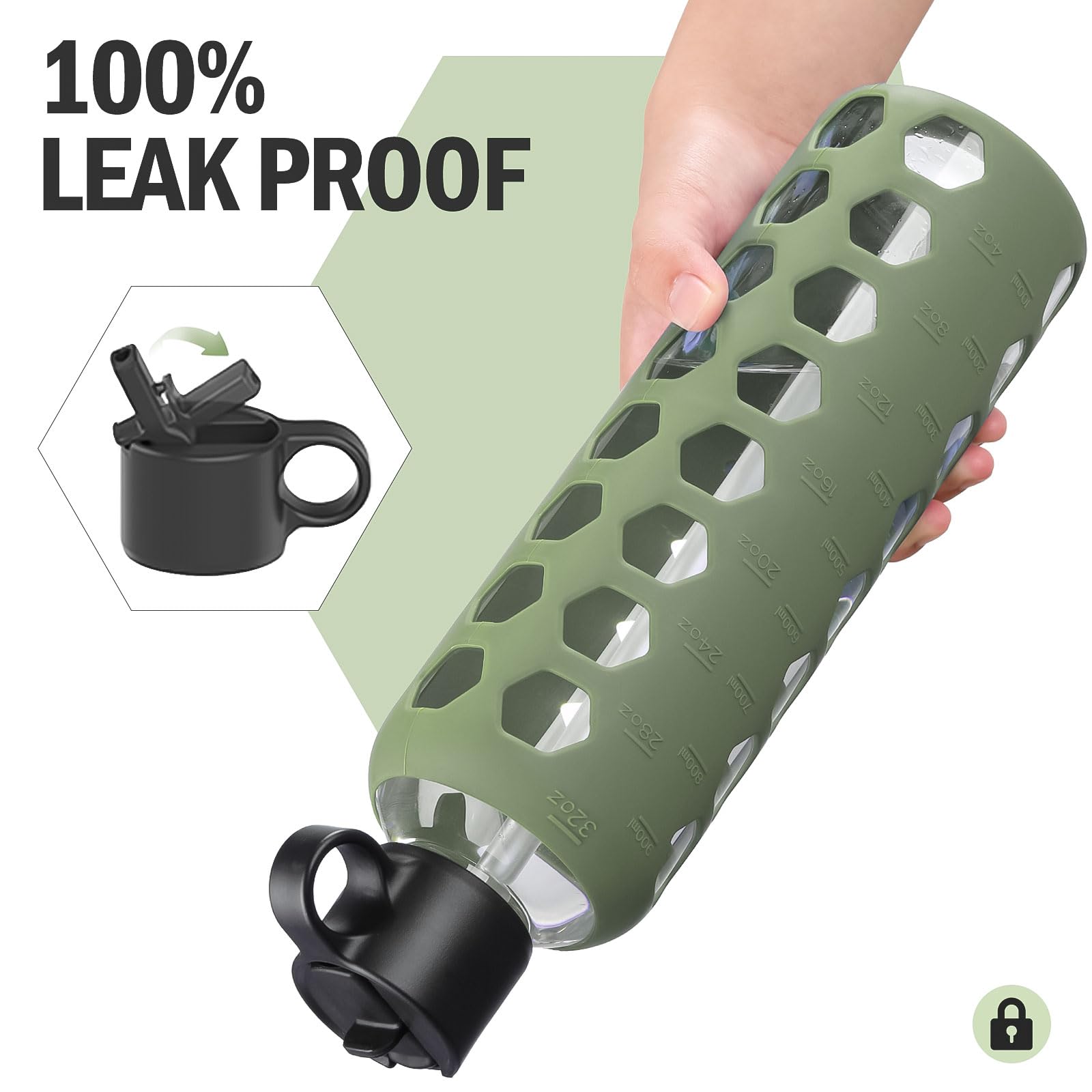 BLUEGO Borracce in vetro, 900ml Bicchiere in vetro, Bottiglie per bere con 2 coperchi, Bottiglia per l'acqua sportiva con custodia in silicone, A prova di perdite, Oliva
