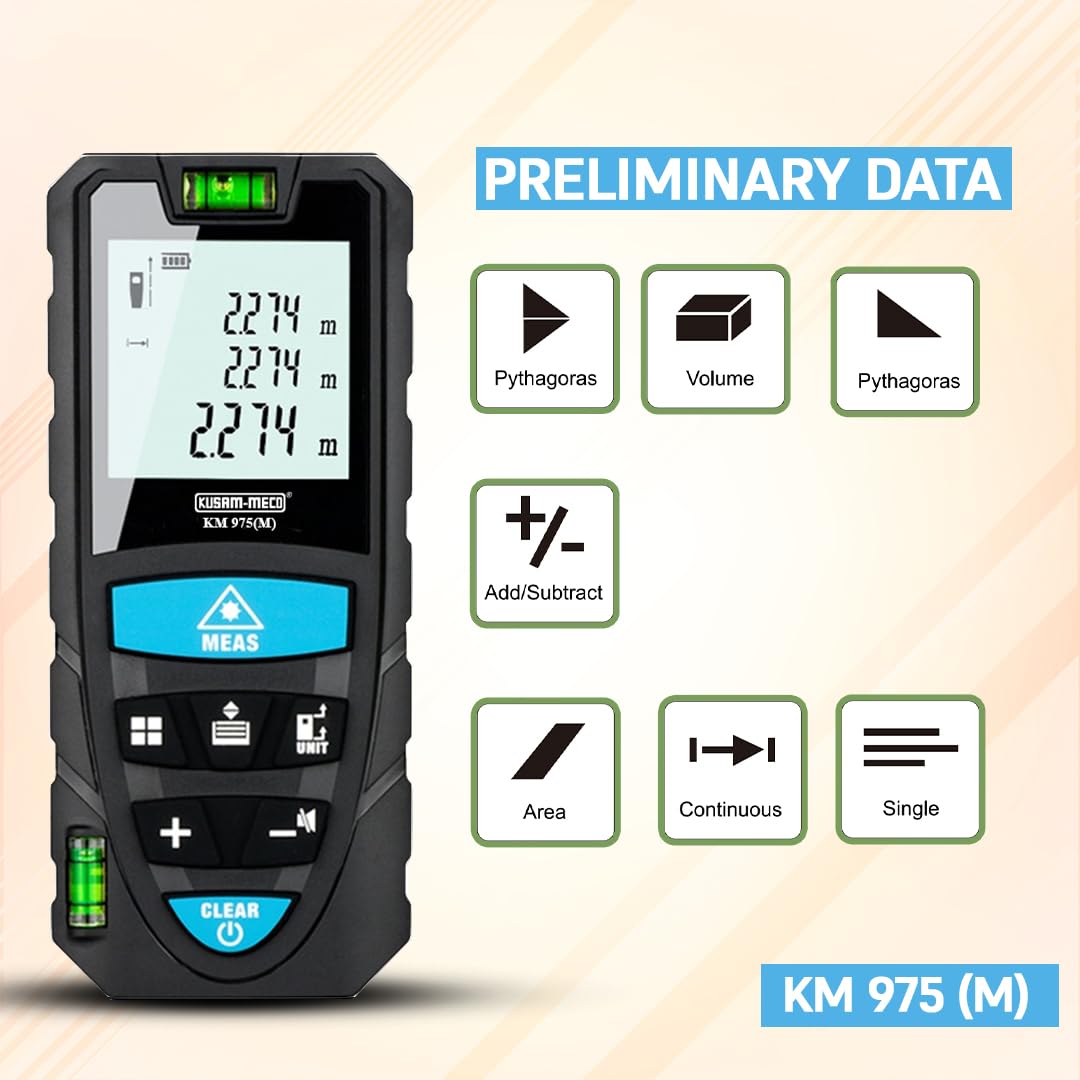 KUSAM-MECO 975 (M) Laser Distance Meter 0.05m to 50m Range, Lightweight Design, Angle Measurement| Auto Power Off|Easy to Operate| 1 Year Warranty 1