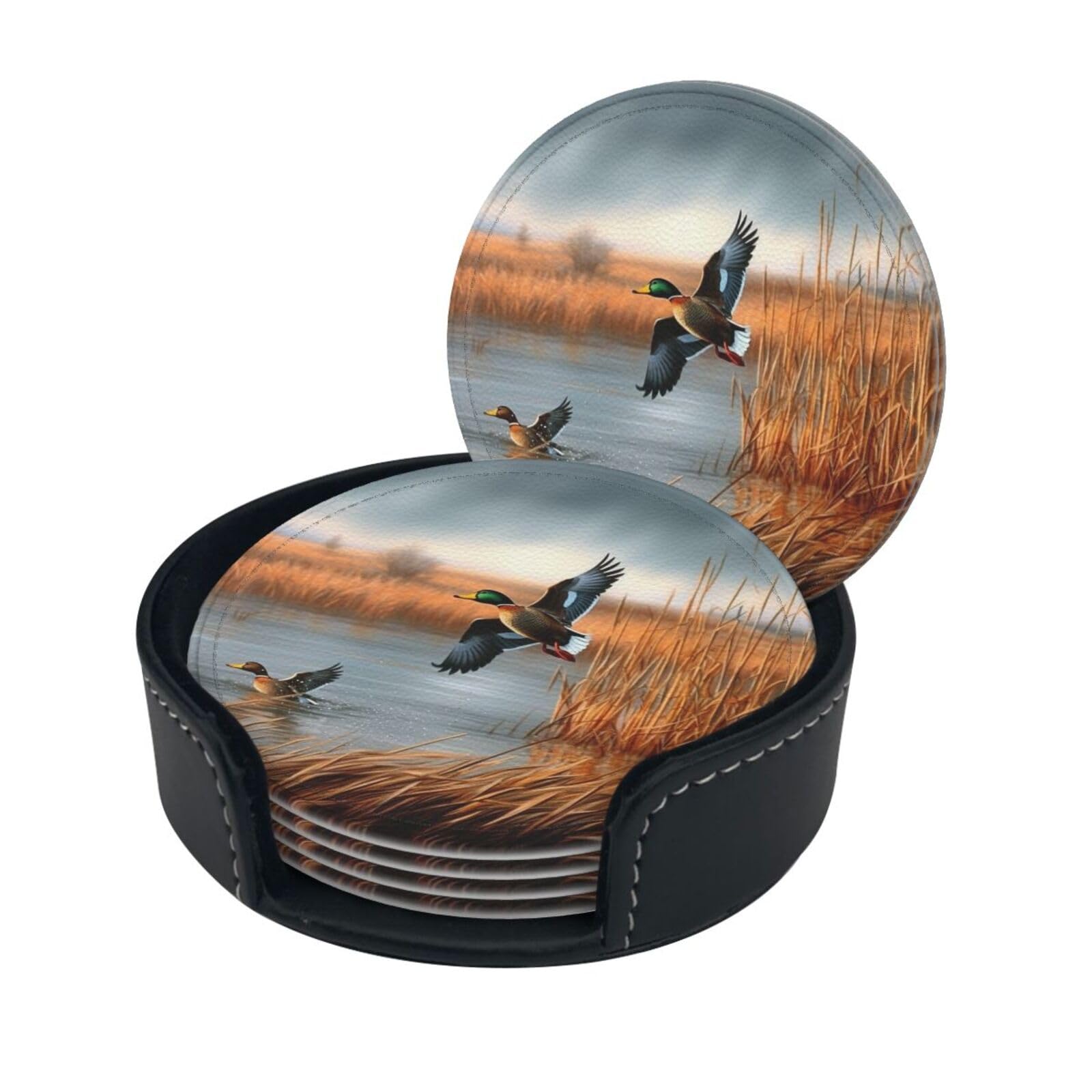 Hunting Flying Wild Duck Print Coaster,Round Leather Coasters with Storage Box for Wine Mugs,Cold Drinks and Cups Tabletop Protection (6 Piece)