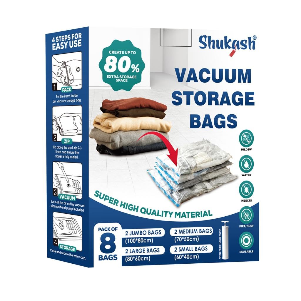 Shukash Vacuum Storage Bags 8-Pack 2 JUMBO(100X80cm) 2 L(80X60),2 M(70X50),2 S ROLL UP Bags(60X40) Reusable Double Zip Seal Compression Storage Bags for Duvet Pillow Bedding Travel With free handpump