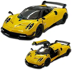 Miniatura de carro Pagani Huayra BC 2016, 1/38 12 CM, em metal, rodinhas em borracha e com fricção, abertura de portas laterais, Carrinho de ferro Kinsmart (Amarelo)