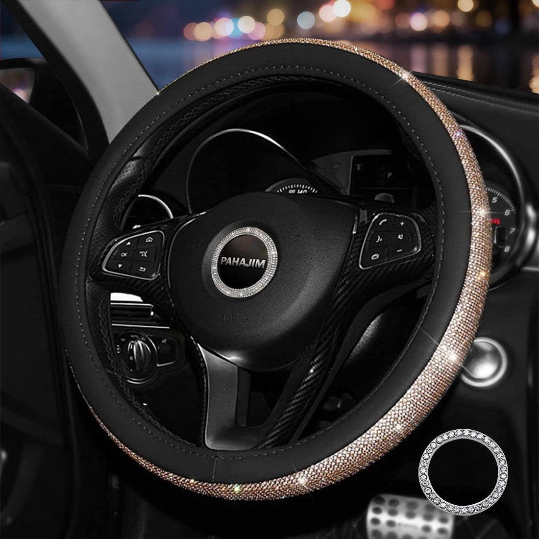 Pahajim Couvre Volant Universelle en Cristal, Housse Volant Voiture 38cm en Cuir avec Paillette Diamant Bling Strass pour Femmes Decoration Voiture (Noir-d'or)