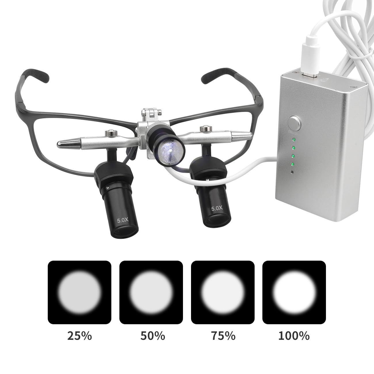 4X/5X/6X Ergo Loupes, con luce LED da 5W, occhiali da ingrandimento con testa pieghevole regolabile, lente di ingrandimento binoculare ergonomica 350-450mm con luminosità regolabile (5X)