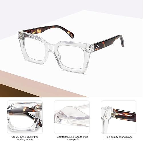 Miniatura 4 de AMOMOMA Anteojos de lectura cuadrados de gran tamaño retro para mujeres y hombres, luz azul, para computadora, gruesos, para mujer, bisagra de
