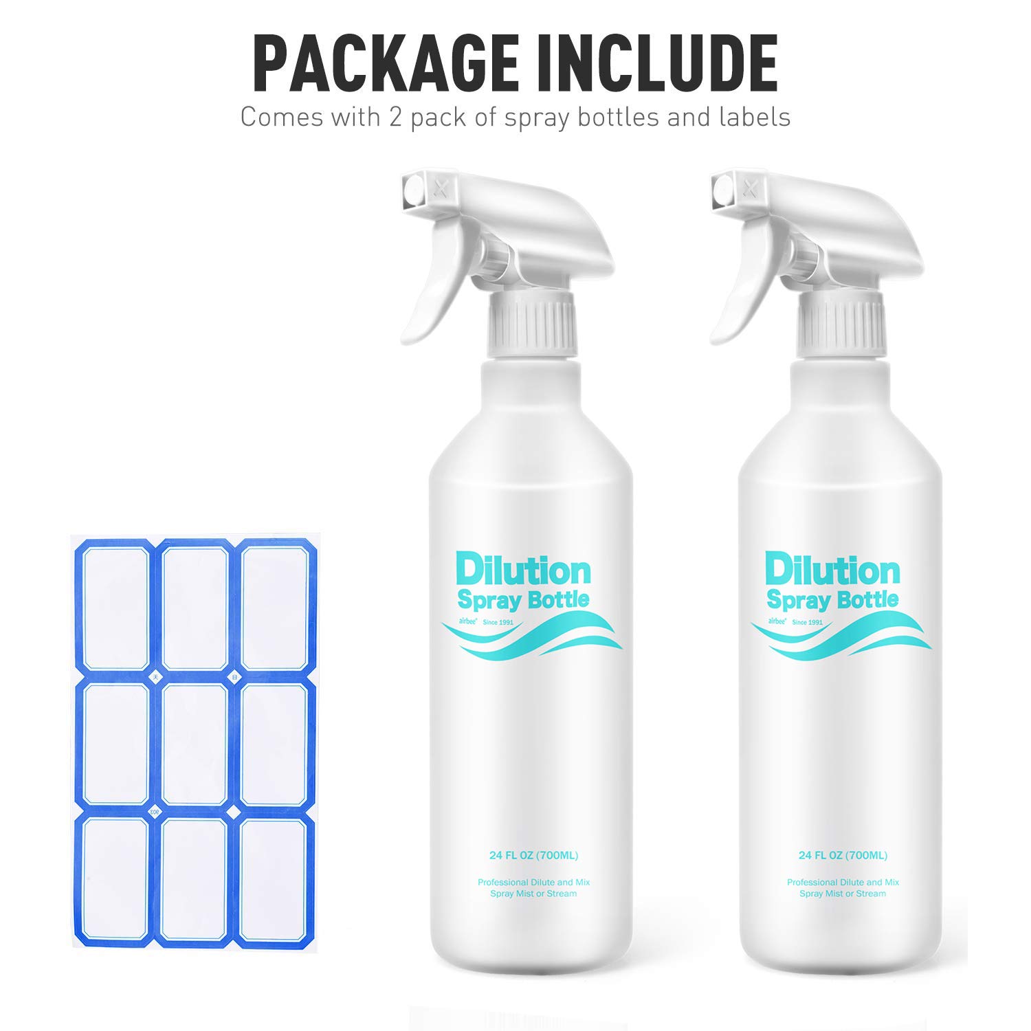 Airbee Plastic Spray Bottles (2 Pack, 24 Oz) Dilution Ratio Sprayer for