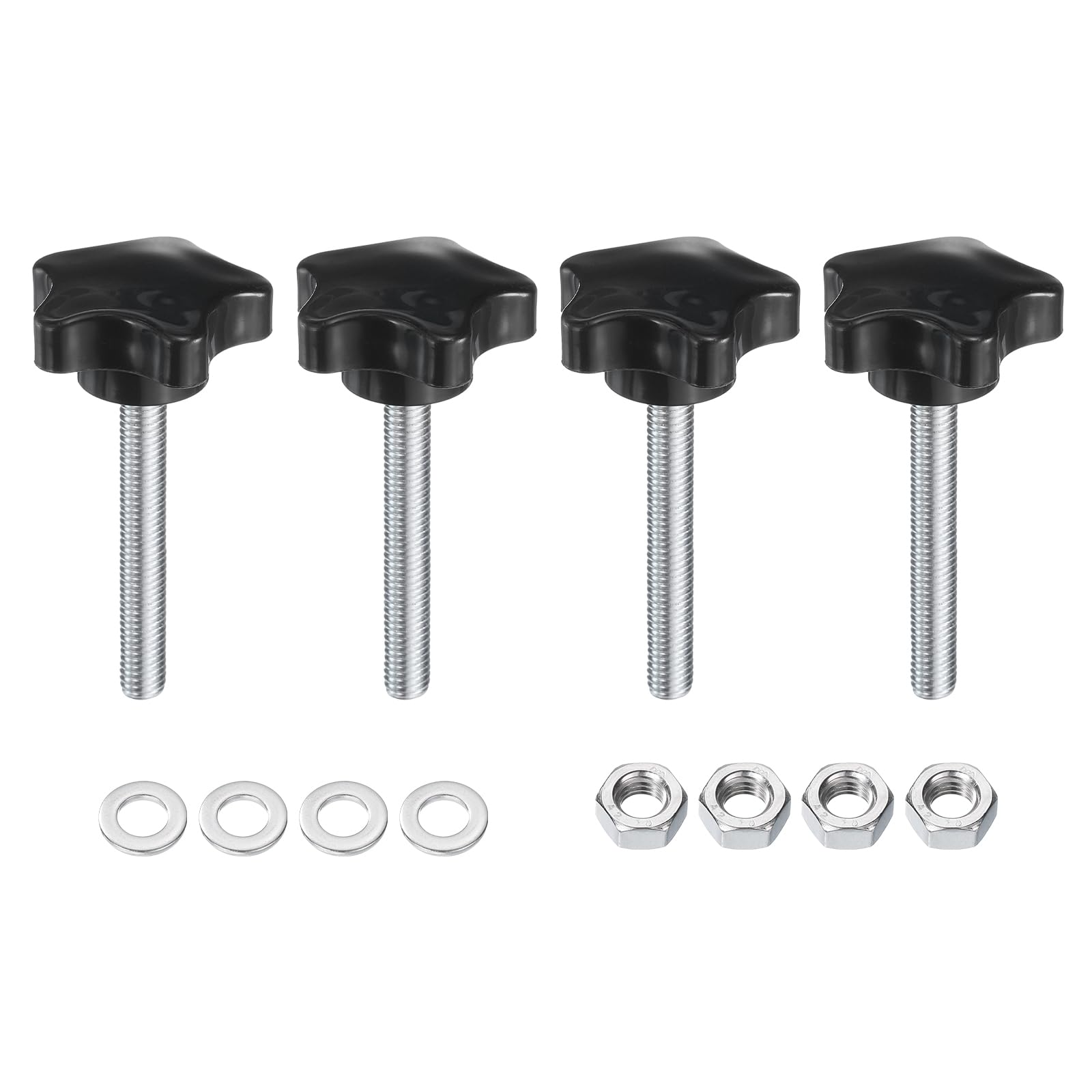 sourcing map 4pcs Star Clamping Knobs with Nuts Washers, M8 x 60mm Metric Zinc Plated Carbon Steel Male Thread 39mm 5-Star Plastic Head, Threaded Stud Hand Knobs Handles Thumb Screws, Black