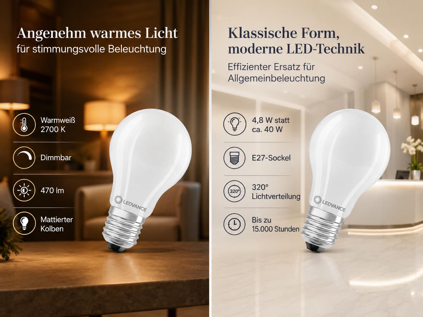 LEDVANCE LED-Lampe mit Filament-Design, 4,8 W, E27, dimmbar, 470 lm, für Allgemeinbeleuchtung, 10er SPARPACK