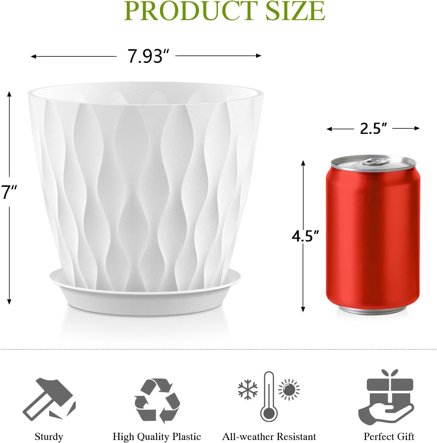8" Water Wave Plant Pots with Drainage Holes & Saucers, 4 Pack Modern Textured Medium Planters for Indoor Outdoor Plants, Decorative Flower Pots Repotting Set for Flowers, Herbs (White)