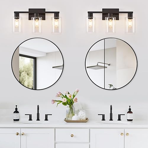 Miniatura 5 de Lámpara de tocador de baño de 3 luces, luces negras con pantallas de vidrio transparente, lámpara de pared de baño para espejo, sala de estar,