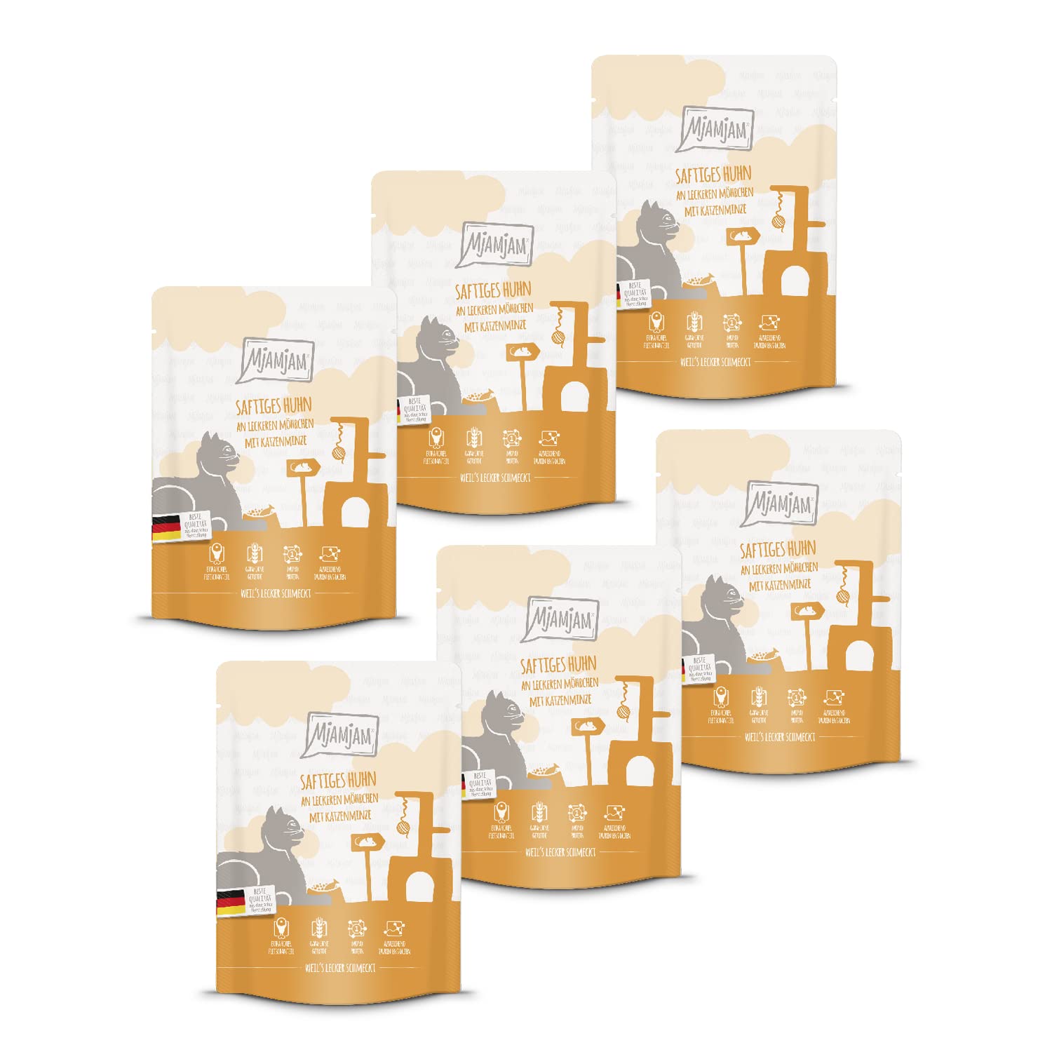 MjAMjAM - premium wet food for cats - Quetschie - juicy chicken with delicious carrots, pack of 6 (6 x 300 g), grain-free with extra meat