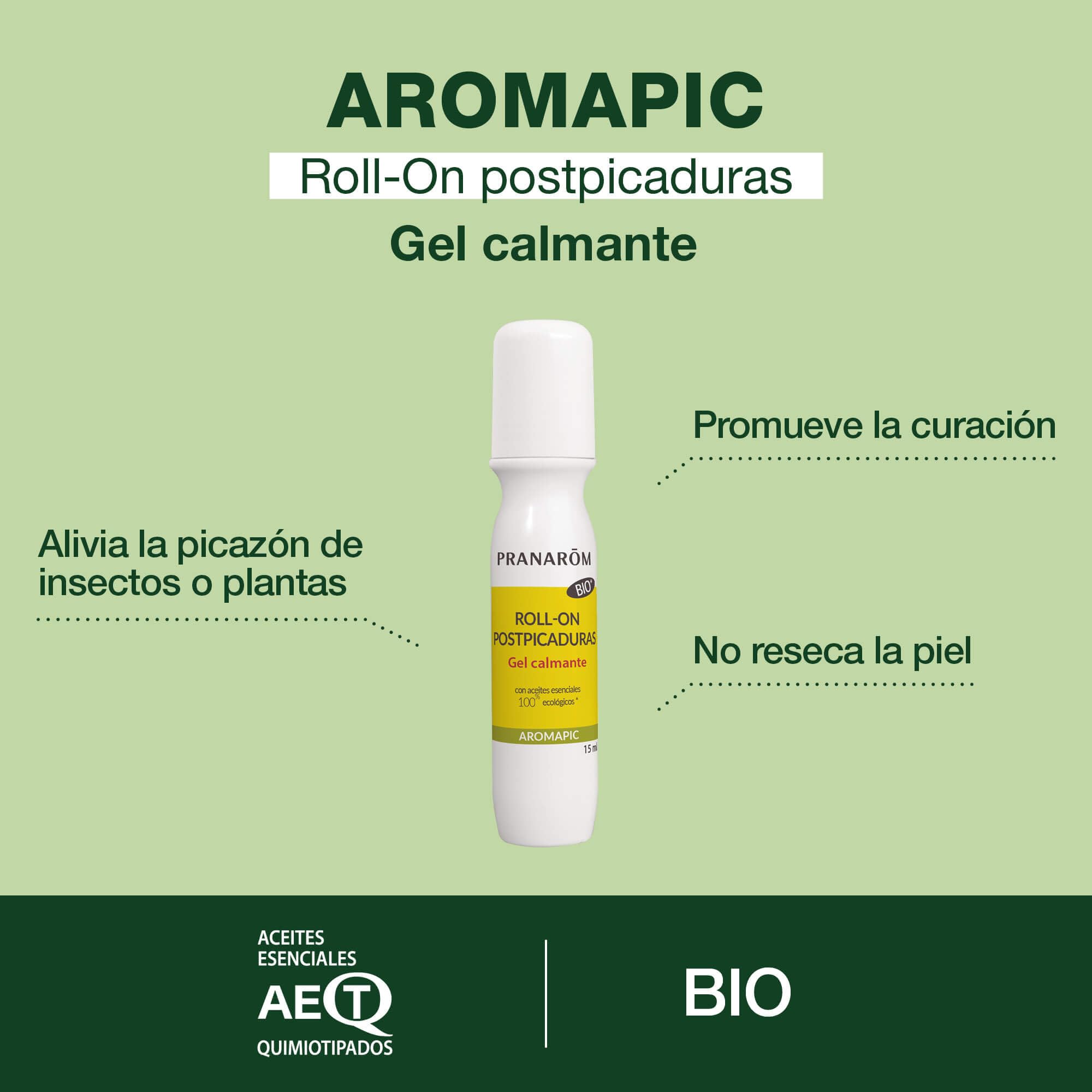 PRANAROM - Aromapic - Roll On Post Picadura Bio - Gel Calmante Con Aceites Esenciales Puros Y Naturales - Práctico Formato - 15ml