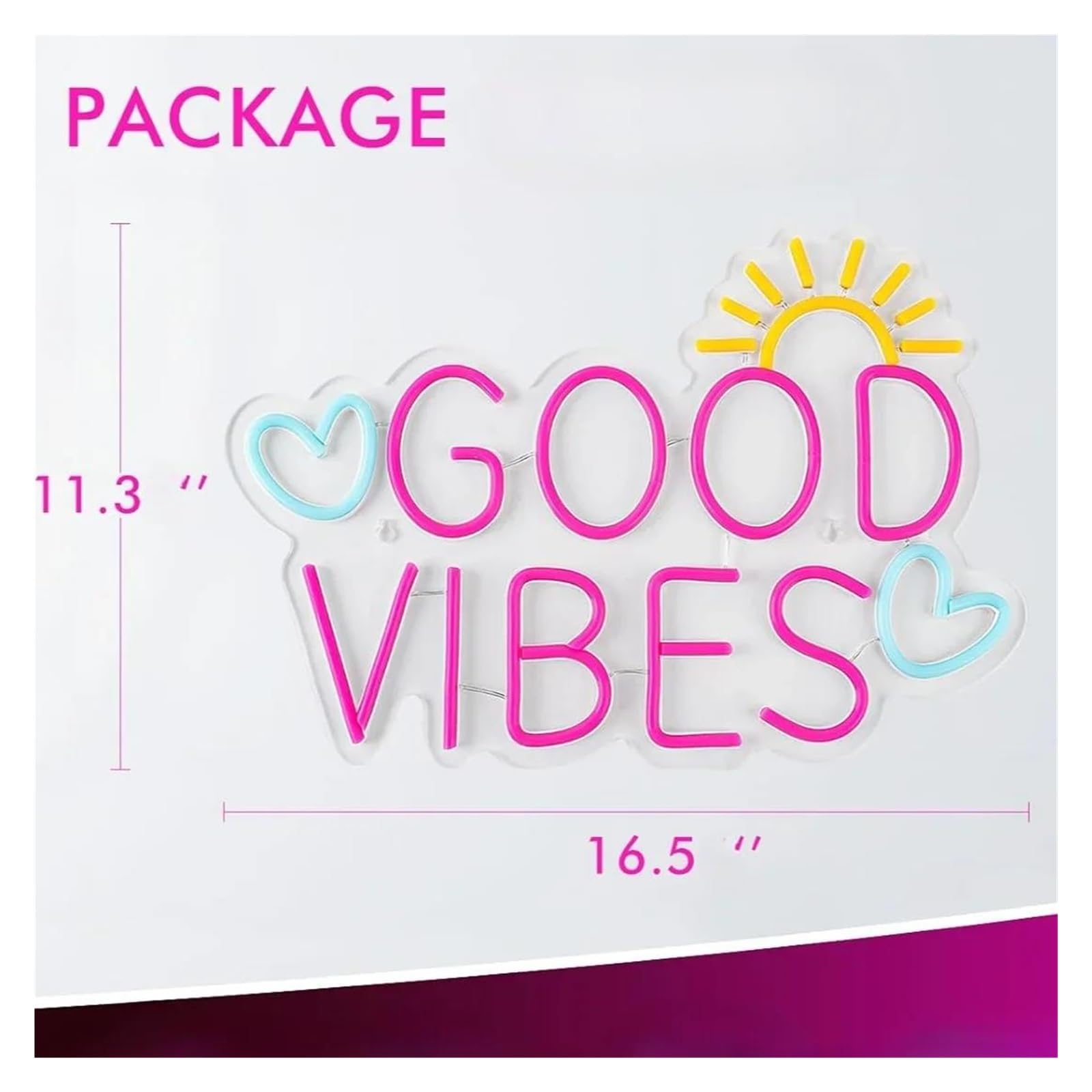 Luz de Diseño de Digital Letrero De Neón Rosa Good Vibes Luz LED Regulable Alimentada Por USB Para Sala De Estar, Dormitorio Decoración, Arte De Pared Para El Hogar 28.7cm×41.9cm