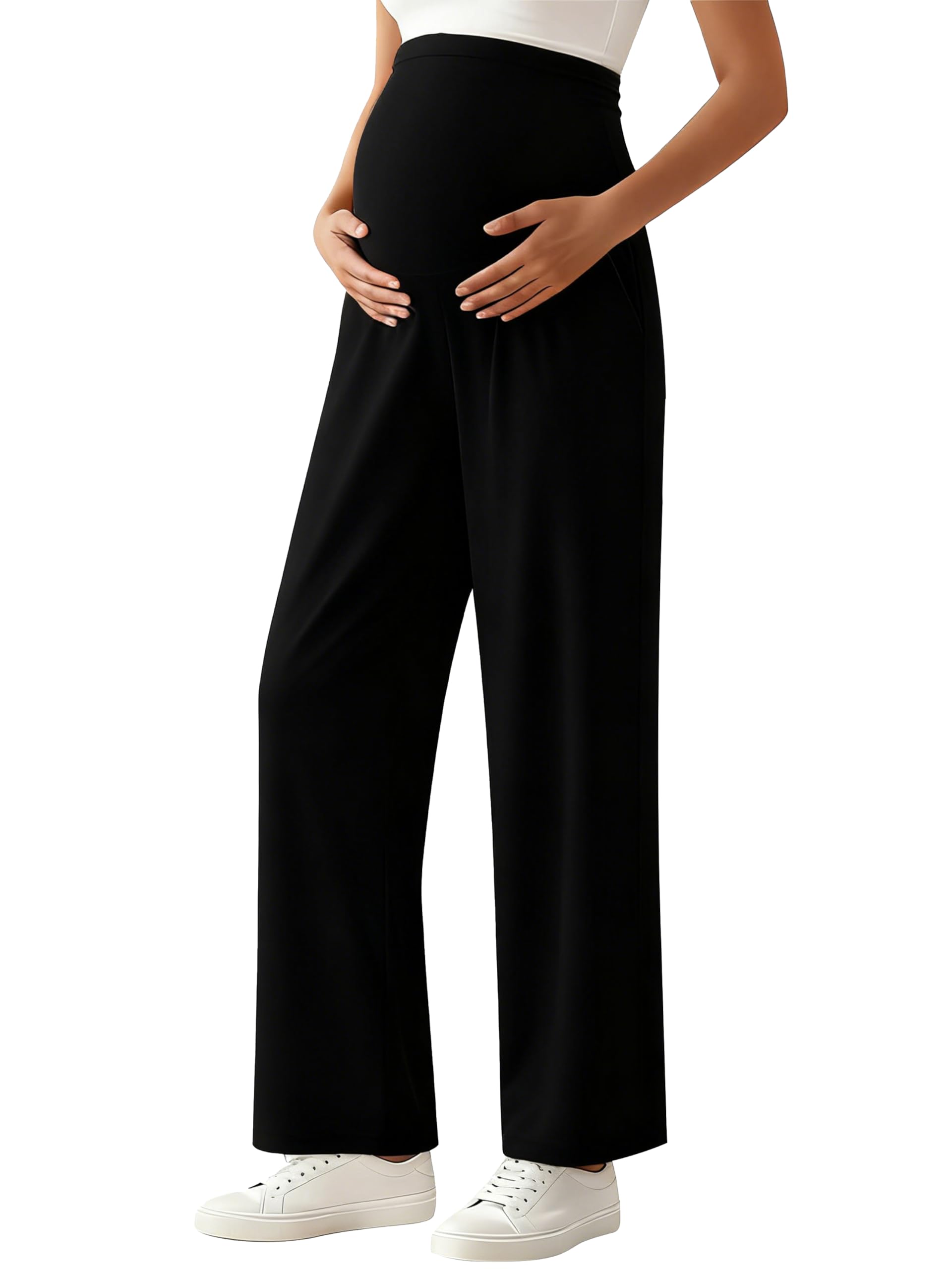 Ecavus Umstandshose Damen Weiche Schwangerschaftshose mit Hohem Bauchbund, Lässige Umstandsmode Hose mit Weitem Bein & Taschen
